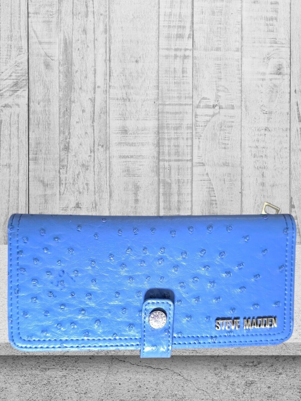 Steve Madden Periwinkle Ostrich Embossed Large Bi-Fold Faux Leather Wallet